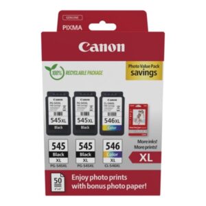 Canon PG545XL Negro + CL546XL Color Pack de 3 Cartuchos de Tinta Originales + 50 Hojas de Papel Fotografico - 8286B015