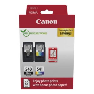 Canon PG540 Negro + CL541 Color Pack de 2 Cartuchos de Tinta Originales + 50 Hojas de Papel Fotografico - 5225B013