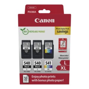 Canon PG540L Negro + CL541XL Color Pack de 3 Cartuchos de Tinta Originales + 50 Hojas de Papel Fotografico - 5224B015