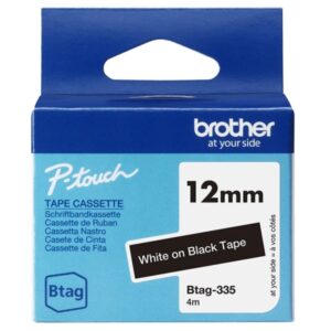 Brother Btag-335 Cinta 12mm - Texto Blanco sobre Fondo Negro - Medidas 12mmx4 Metros - Apta para PTN10, PTN20, PTN25BT