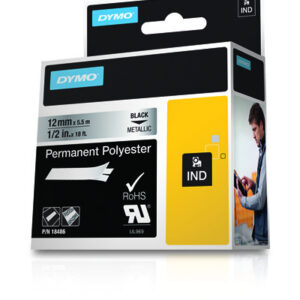 Dymo Rhino ID1-12 Cinta de Etiquetas Original para Rotuladora - Texto Negro sobre Fondo Plata - Ancho 12mm x 5.5 metros - 18486