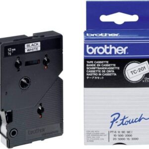Brother TC201 Cinta Laminada Original para Rotuladora - Texto Negro sobre Fondo Blanco - Ancho 12mm x 7 metros